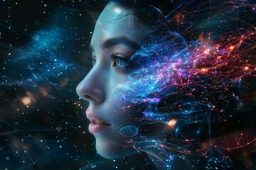 futuristic digital art portrait of a woman in cyberspace with artificial intelligence elements