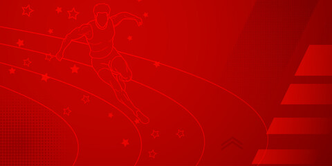 Runner themed background in red tones with abstract lines and dots, with sport symbols such as a male athlete and a running track