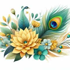 illsutration of Watercolor style illustration for  peacock feather and yellow flowers. paper art - obrazy, fototapety, plakaty