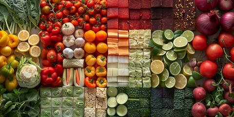 A vibrant assortment of fruits and vegetables in a colour order healthy food concept