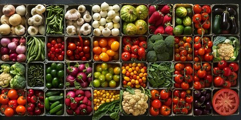 A vibrant assortment of fruits and vegetables in a boxes healthy food concept