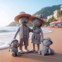 Clay Character Modeling: Family on the Beach - obrazy, fototapety, plakaty