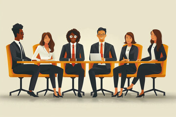 Minimalistic illustration of a successful businesswoman leading a team meeting - obrazy, fototapety, plakaty