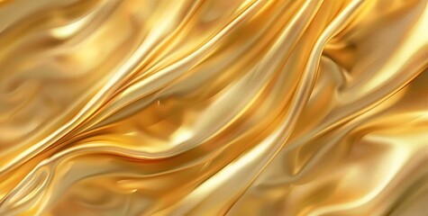 Abstract golden background with smooth wavy folds. 3d rendering picture. Wavy satin cloth shiny texture. Template for design, banner and fashion or wallpaper for presentation