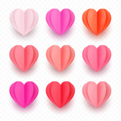 Pink paper heart set  with a shadow, love symbol isolated on transparent background. 3D vector holiday element.