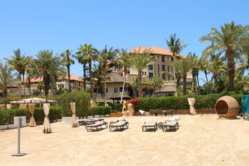 A sandy beach with palm trees and a building with blue sky
