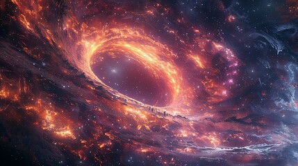 Obraz premium Big Planets and shining stars galaxy in space. Black hole over star field in outer space, abstract space wallpaper with form of letter O and sparks of light purple blue pink with copy space