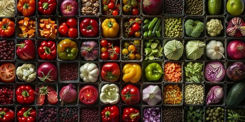 A vibrant assortment of fruits and vegetables in a boxes healthy food concept