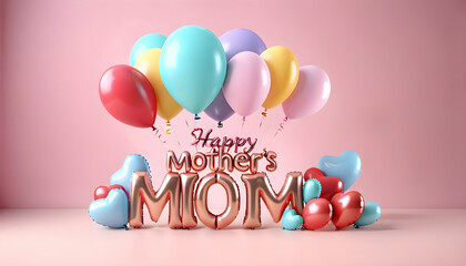 Happy mothers day decoration background with balloon and mom text, copy space