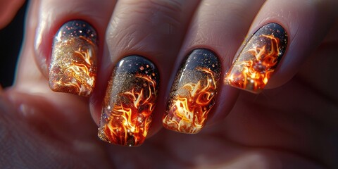 fire theme painted on fingernails manicure dark theme