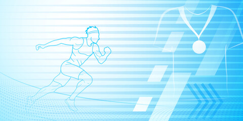 Runner themed background in blue tones with abstract lines and dots, with sport symbols such as a male athlete and a medal