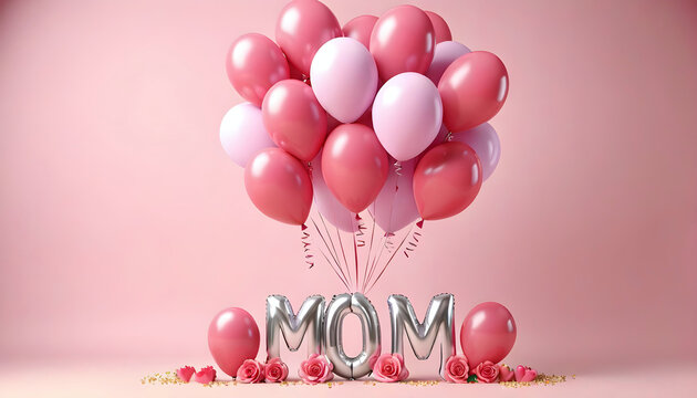 Happy mothers day decoration background with balloon and mom text, copy space - Powered by Adobe