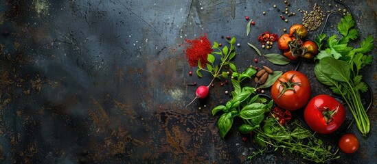 Spices, herbs, and fresh vegetables arranged on a dark metal background with room for text. Viewed from above. Ingredients for healthy and organic cooking.