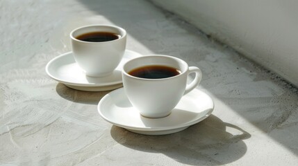 Two cups of black coffee on a white saucer with shadow play.