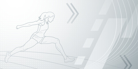 Long jumper themed background in gray tones with abstract lines and dots, with sport symbols such as a female athlete and a running track