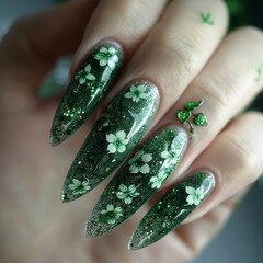 hand with a green sparkly manicure and white flower decorations fingernails nature concept