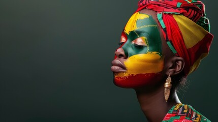 beautiful woman with face painted with the flag of Cameroon on a gray studio background in high resolution and high quality