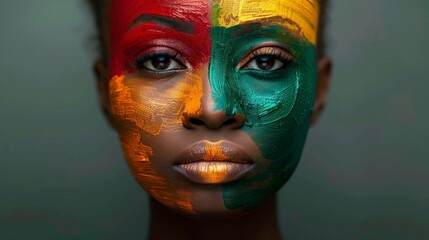 beautiful woman with face painted with the flag of Cameroon on a gray studio background in high resolution and high quality HD