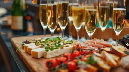 Champagne flutes and appetizers on a reflective surface.