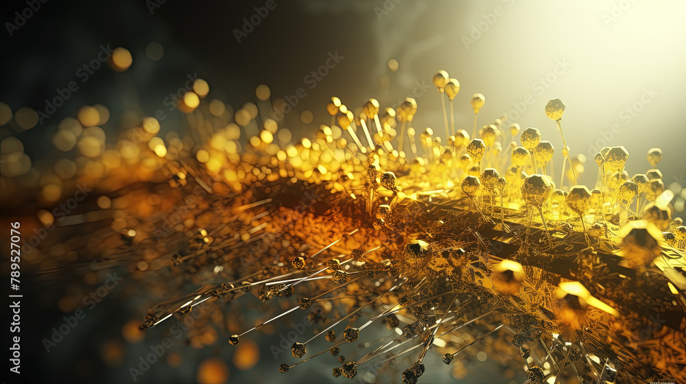 Poster Abstract technology burst with glowing wires and particles in motion. Technology and science dynamic background.