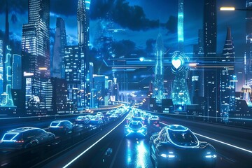futuristic smart city with holographic interface and autonomous vehicles technology concept