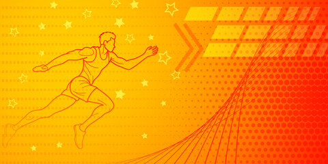 Runner or long jumper themed background in yellow and red tones with abstract lines, stars and dots, with sport symbols such as a male athlete and a running track