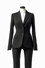 Black female business suit on a mannequin on white background.