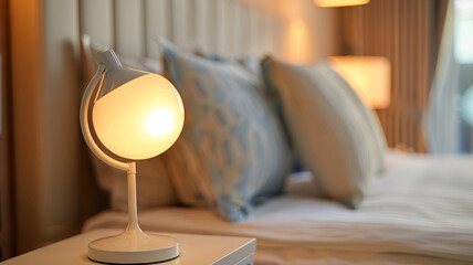A modern table lamp in a cozy bedroom setting