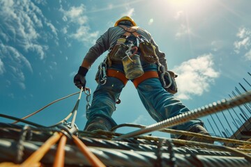 Fototapeta premium Construction Worker Secured by Safety Harness at Work Site