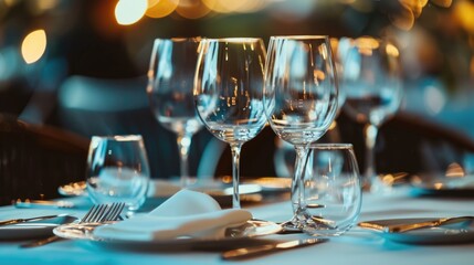 Sophisticated tableware arrangement with wine glasses and blue tablecloth.