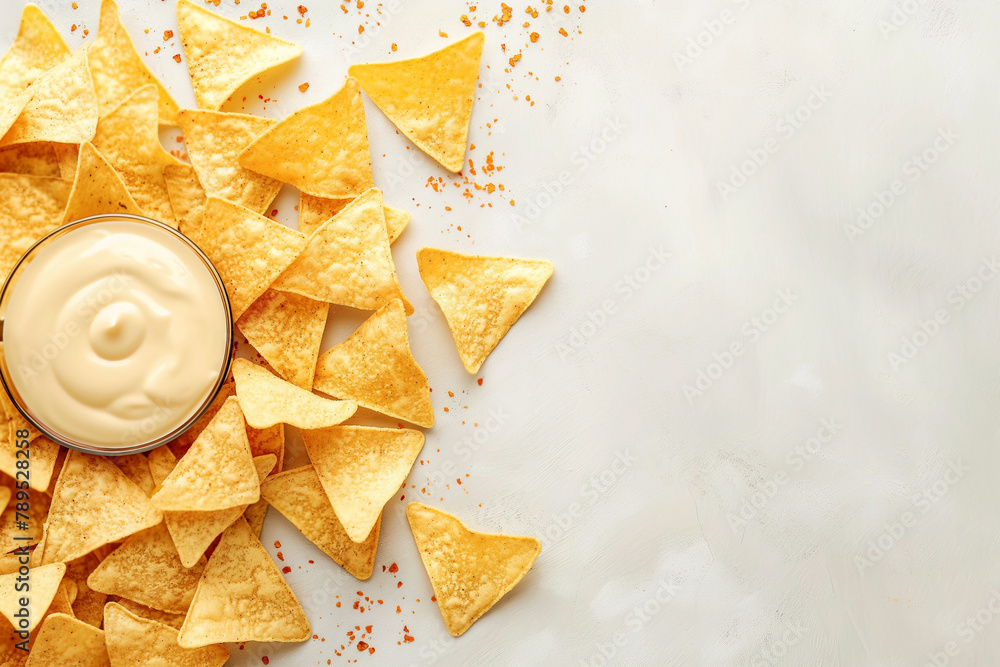 Wall mural nice snack, tortilla chip dish or nachos with a spicy cheese sauce, free copy space for text, isolated, top view