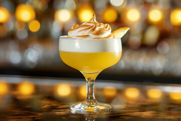 Lemon Meringue cocktail topped with a creamy swirl and lemon slice on a bar counter