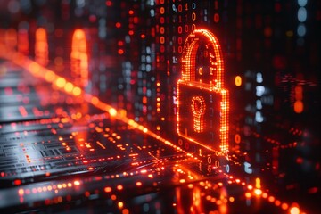 Binary code and padlock hologram on a server