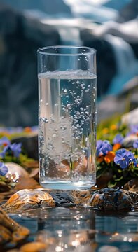 a glass of sparkling water fresh from the source standing on a rock in the alps in front of a waterfall. A fresh vertical video of water.