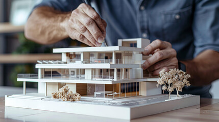 A man is drawing a model of a house with a pencil. The house is tall and has many windows. The man is focused on his drawing, and the scene gives off a sense of creativity and attention to detail