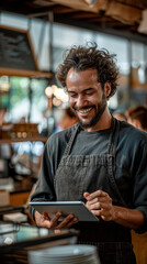 A man with a black apron is smiling and holding a tablet. He is in a restaurant and he is happy