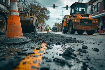 Street Surface Repairs, Urban Landscape with Safety Cones - obrazy, fototapety, plakaty