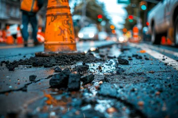 Foto op Canvas Asphalt Repair Work, Traffic Cones in Urban Setting © Ilia Nesolenyi