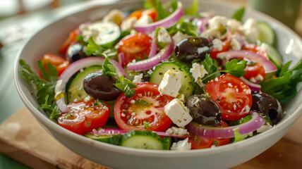 A bowl of Greek salad on a table