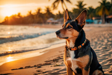 Dog on the sand on tropical beach, summer vacation concept, template, copy space.
