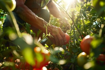 Sunlit Backyard Garden with Gardener Picking Tomatoes - obrazy, fototapety, plakaty
