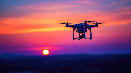 Fototapeta na wymiar Drone in flight against a colorful sunset sky. Aerial photography concept.