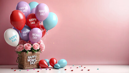 Happy mothers day decoration background with balloon and mom text, copy space