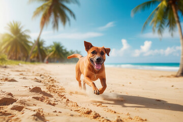 Dog running on the sand on tropical beach, summer vacation concept, template, copy space.