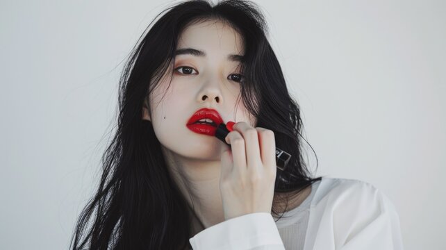 The picture of the red lips young beautiful asian woman looking at the camera while holding the red lipstick near the mouth while wearing white shirt with white background for advertisement. AIGX01.