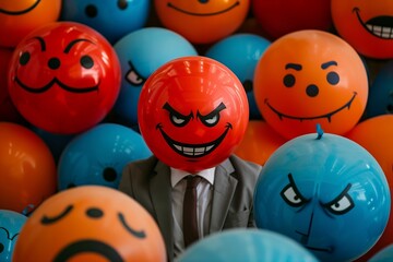 Businessman surrounded by emoticon balloons