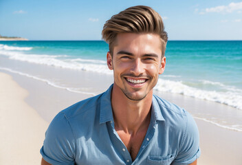 Handsome man with fresh stylish hair smiling with clean teeth on a beautiful beach with bright blue sea