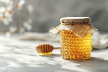golden honey jar with honeycomb natural sweetener healthy food ingredient studio photography - obrazy, fototapety, plakaty