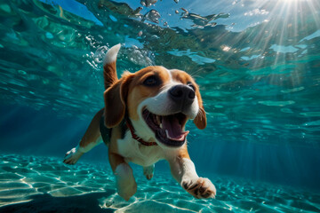 Beagle diving underwater, funny dog underwater, summer mood concept, vacation, tropics, ocean.
