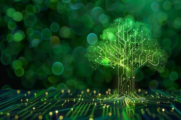 green computing circuit board tree sustainable technology concept - obrazy, fototapety, plakaty